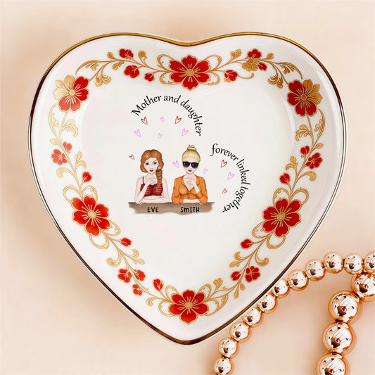 Custom Photo Ceramic Trinket Tray with Elegant Red Floral Vine Border-Mother and daughters forever linked together