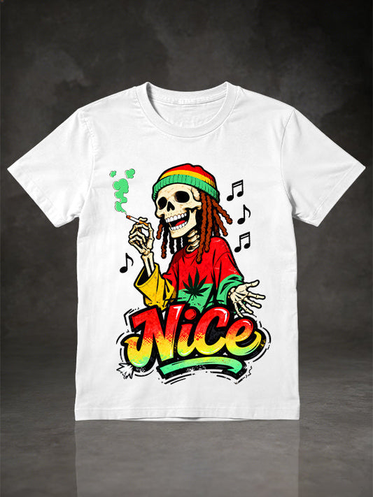 Vintage Rasta Smoking Skeleton NiCe Graphic T-Shirt