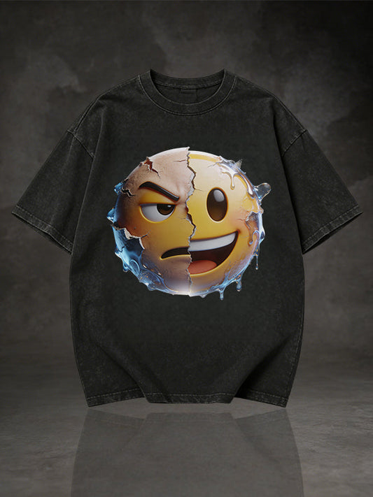 Men's Split Angry & Happy Emoji Cracked Effect Graphic Short Sleeve T-Shirt