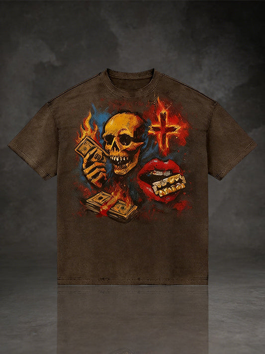 Gothic Skull & Red Lips Graphic Tee