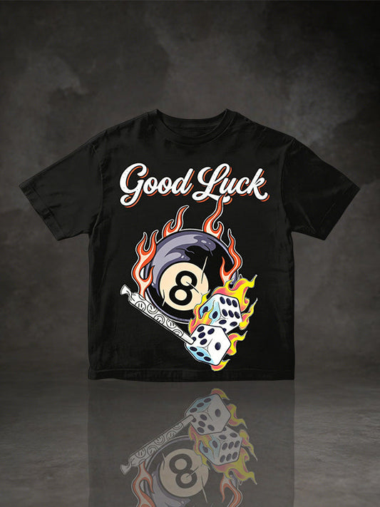 "Good Luck" Flaming 8 Ball & Dice Graphic T-Shirt