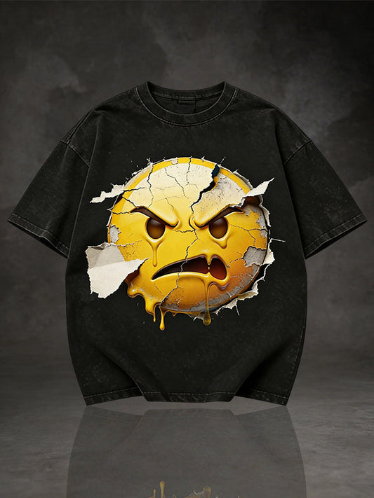 Men's Cracked Wall Angry Emoji Graphic Short Sleeve T-Shirt