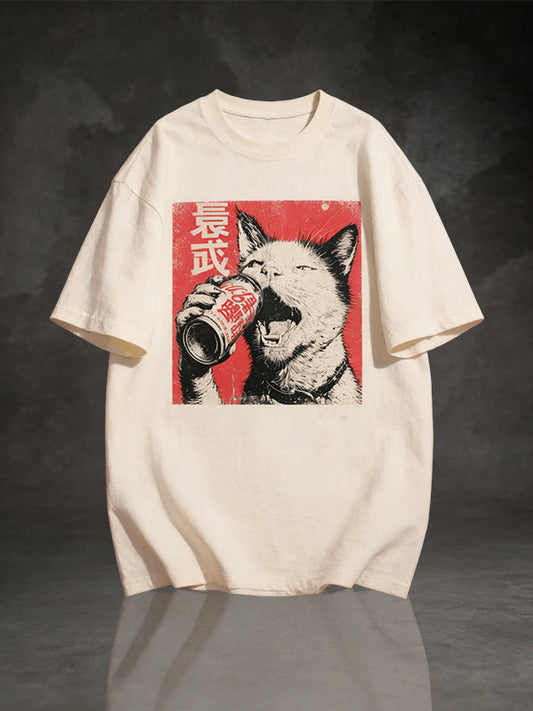 Vintage Japanese Drinking Cat Graphic T-Shirt