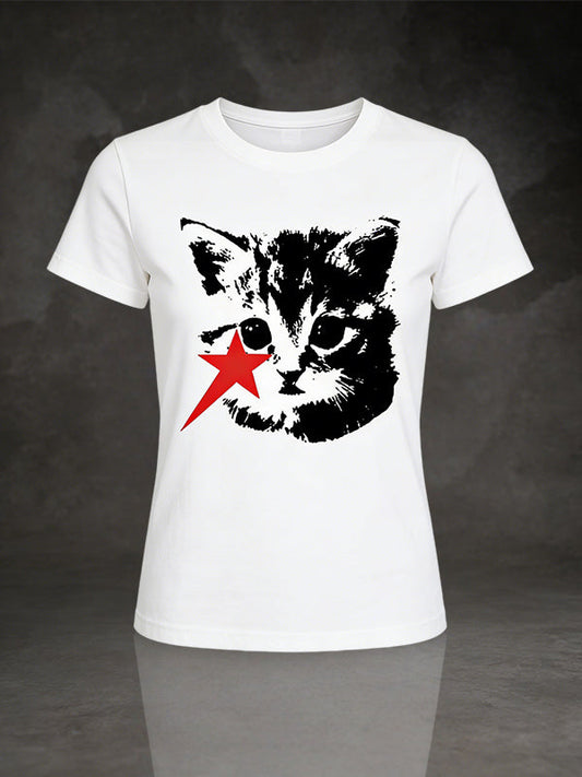 Unisex Black & White Cat with Red Star Graphic Tee