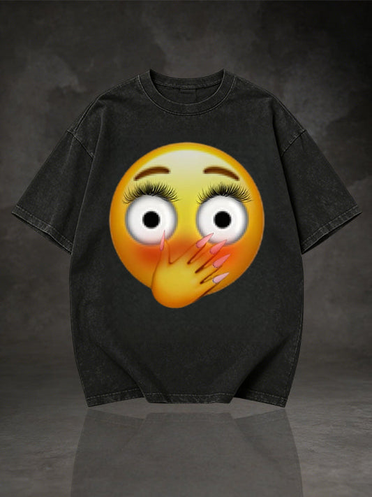 Men's Blushing Hand Cover Mouth Emoji Graphic Short Sleeve T-Shirt