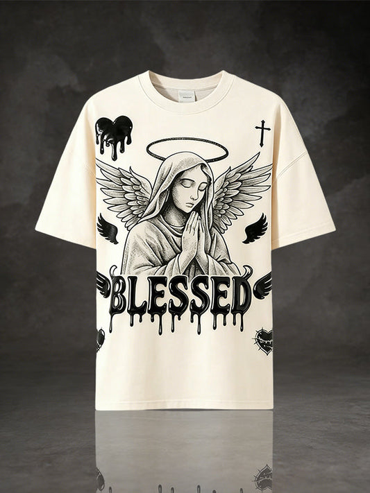 Gothic Angel "BLESSED" Drip Graphic Tee