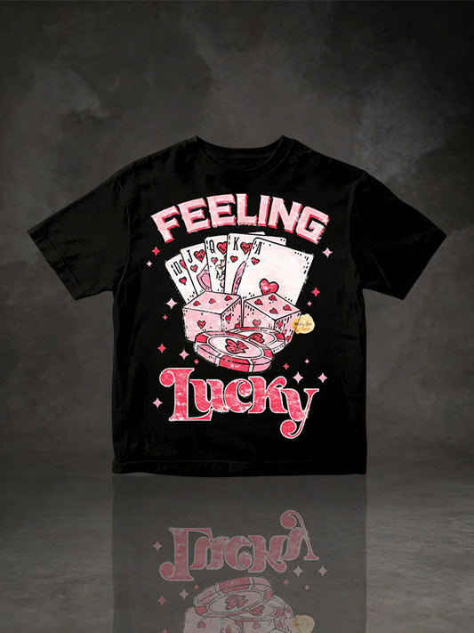 "FEELING Lucky" Heart Poker & Pink Dice Graphic T-Shirt