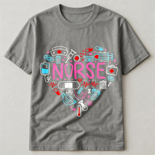 Heart Medical Tools & Stethoscope Letter Nurse Print Tee