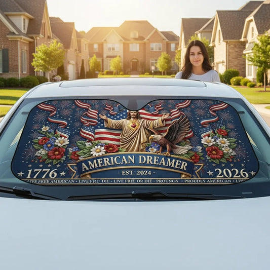 Custom Family Name Sacred Heart of Jesus and American Flag Sunshade - Personalized Faith & Patriotism