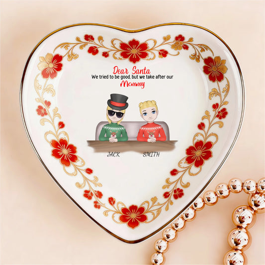 Custom Photo Ceramic Trinket Tray with Elegant Red Floral Vine Border-Dear Santa