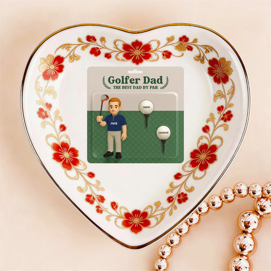Custom Photo Ceramic Trinket Tray with Elegant Red Floral Vine Border-Golf Dad