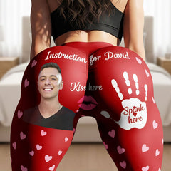 Women's Sexy Red Heart Print Yoga Pants - "Instruction for Kiss & Spank" High-Waist Push Up Leggings for Playful Loungewear