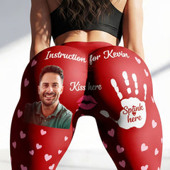 Women's Sexy Red Heart Print Yoga Pants - "Instruction for Kiss & Spank" High-Waist Push Up Leggings for Playful Loungewear