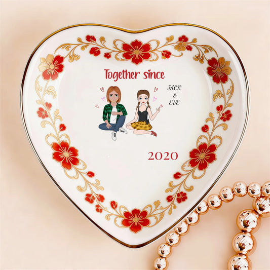 Custom Photo Ceramic Trinket Tray with Elegant Red Floral Vine Border-Together since