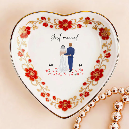 Custom Photo Ceramic Trinket Tray with Elegant Red Floral Vine Border-Just marr