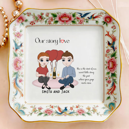 Custom Photo Ceramic Trinket Tray with Elegant Floral and Phoenix Bird Border-Our stoty love