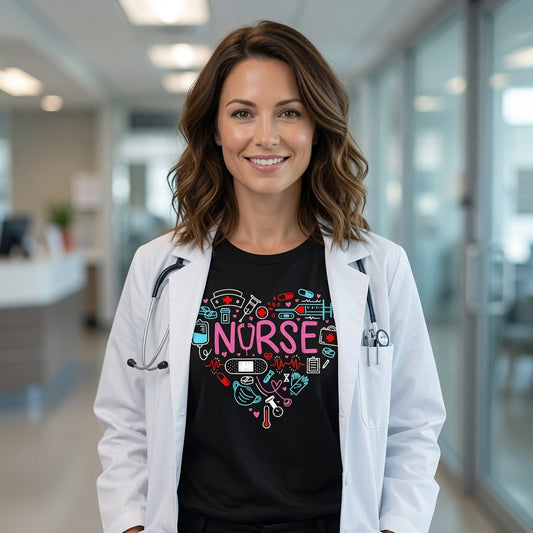 Heart Medical Tools & Stethoscope Letter Nurse Print Tee