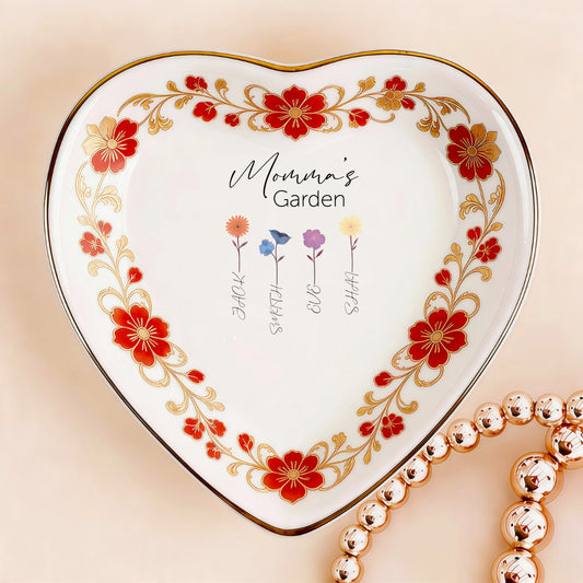 Custom  Photo Ceramic Trinket Tray with Elegant Red Floral Vine Border-Mom's garden