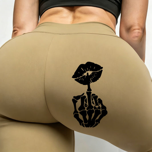 Customized Name Tan Leggings – Personalized Yoga Pants with Skeleton Finger & Kiss Graphic for Active Women
