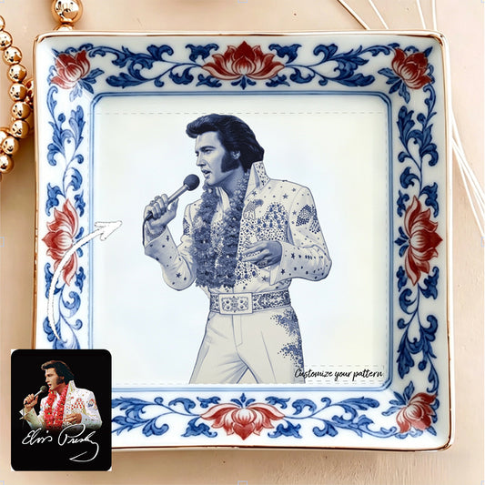 Custom Vintage Portrait Jewelry Dish - Personalized  Photo Ceramic Tray with Blue and Red Floral Chinoiserie Border
