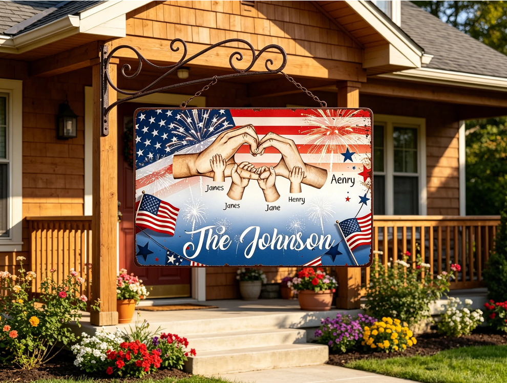 Custom Patriotic Family Hands Heart Personalized Vintage Metal Wall Sign