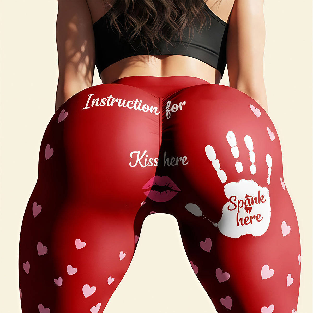 Women's Sexy Red Heart Print Yoga Pants - "Instruction for Kiss & Spank" High-Waist Push Up Leggings for Playful Loungewear