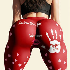 Women's Sexy Red Heart Print Yoga Pants - "Instruction for Kiss & Spank" High-Waist Push Up Leggings for Playful Loungewear