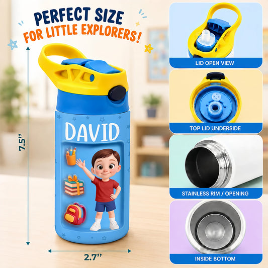 Customized student insulated water bottle 20 oz - An individualized school gift for children - School bag, textbooks, pencils printed on it