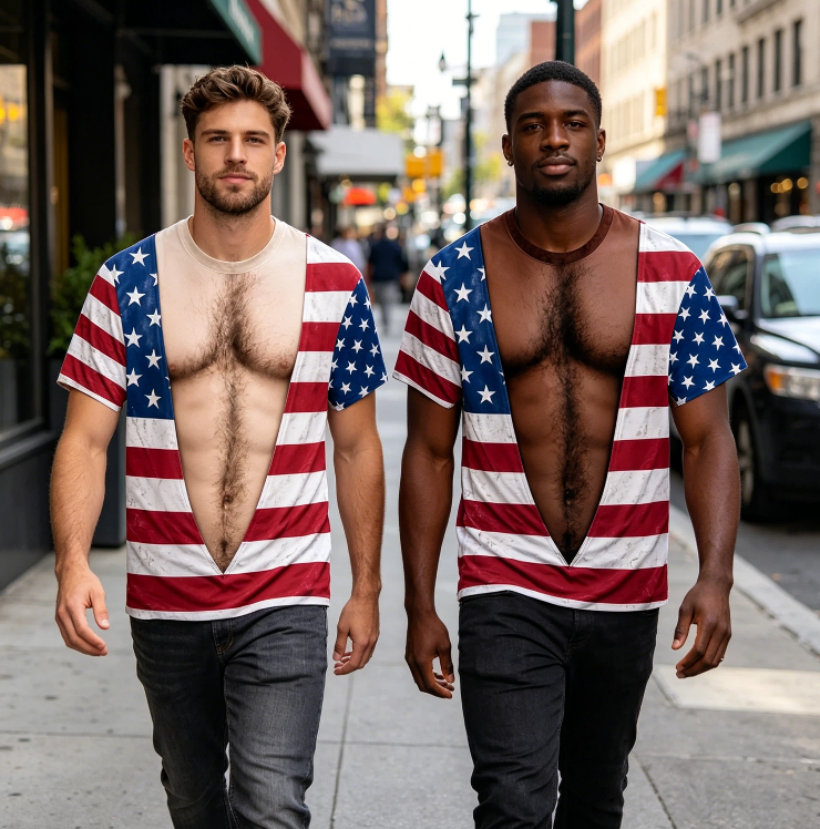 Vintage Distressed American Flag Fake Open Chest Hair Graphic T-Shirt, Funny Patriotic Novelty Tee For Independence Day Party