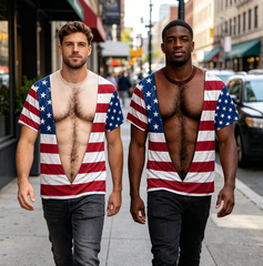 Vintage Distressed American Flag Fake Open Chest Hair Graphic T-Shirt, Funny Patriotic Novelty Tee For Independence Day Party