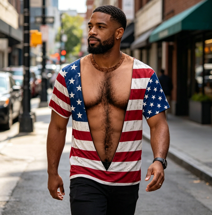 Vintage Distressed American Flag Fake Open Chest Hair Graphic T-Shirt, Funny Patriotic Novelty Tee For Independence Day Party