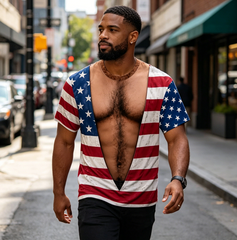 Vintage Distressed American Flag Fake Open Chest Hair Graphic T-Shirt, Funny Patriotic Novelty Tee For Independence Day Party