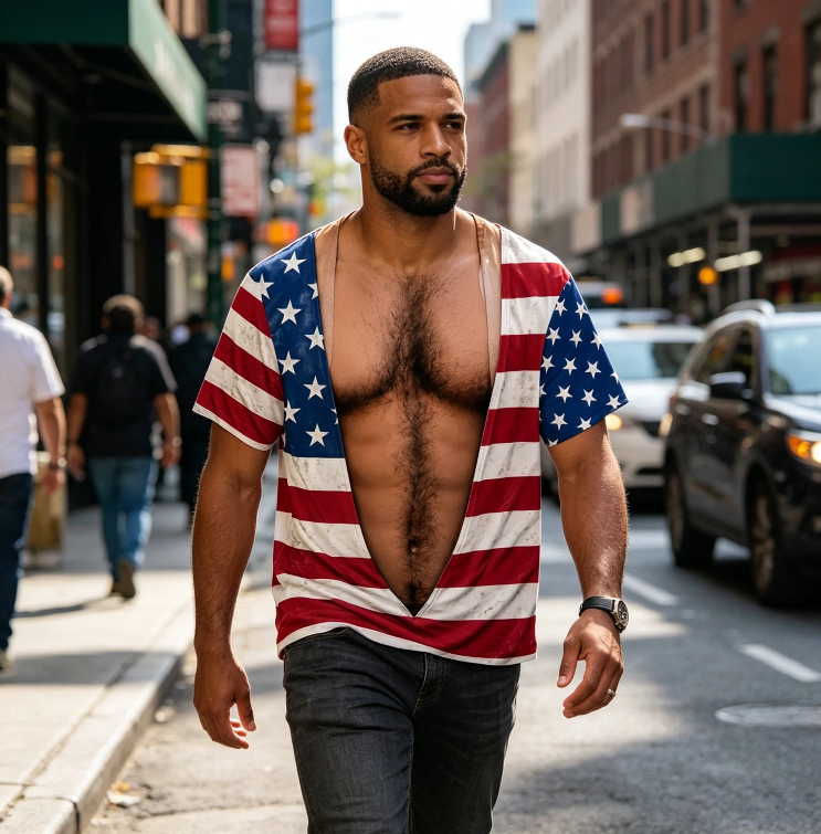 Vintage Distressed American Flag Fake Open Chest Hair Graphic T-Shirt, Funny Patriotic Novelty Tee For Independence Day Party