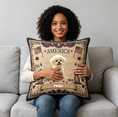 Customized retro American-style square throw pillows featuring 250th anniversary patriotic-themed personalized images and text