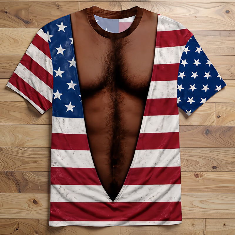 Vintage Distressed American Flag Fake Open Chest Hair Graphic T-Shirt, Funny Patriotic Novelty Tee For Independence Day Party