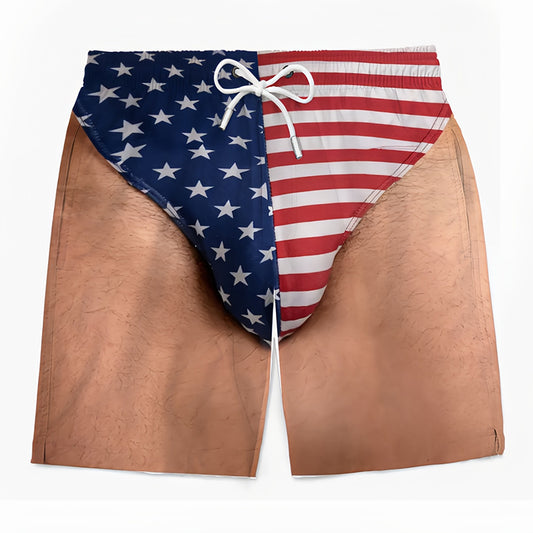 Novelty Fake Body Hair American Flag Split Print Swim Trunks, Funny Patriotic Quick Dry Board Shorts For Summer Beach Party