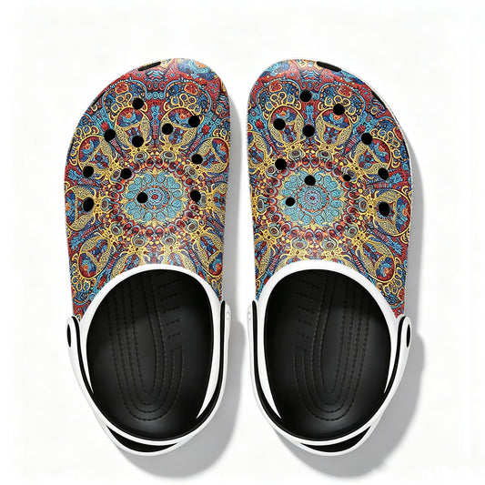 Multiple styles of slip-resistant perforated shoes with custom shoe surface designs