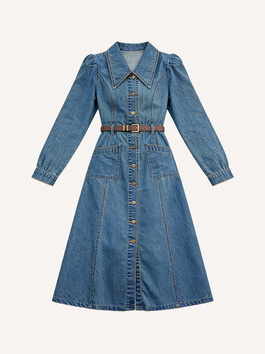 Luxury Style Collared Waist-Defining Casual Denim Dress