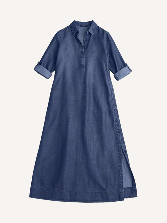 New denim dress with a turn-down collar and washed details