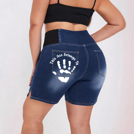 Custom Name Personalized Handprint Denim Shorts, High Waist Stretch Custom Text Butt Lifting Jean Shorts