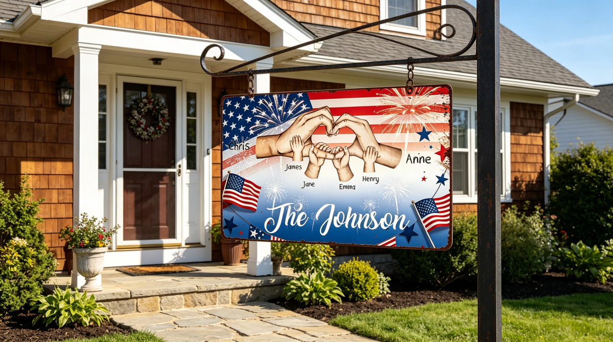 Custom Patriotic Family Hands Heart Personalized Vintage Metal Wall Sign