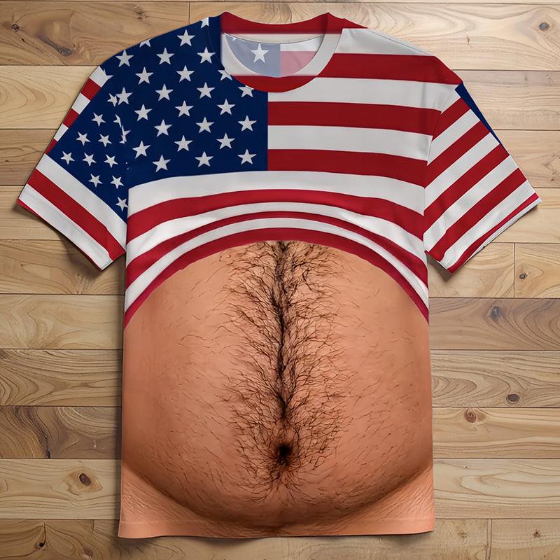 Funny Beer Belly Chest Hair USA Flag All Over Print T-Shirt, Novelty Patriotic 4th Of July Gag Gift Short Sleeve Top For Men