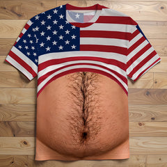 Funny Beer Belly Chest Hair USA Flag All Over Print T-Shirt, Novelty Patriotic 4th Of July Gag Gift Short Sleeve Top For Men