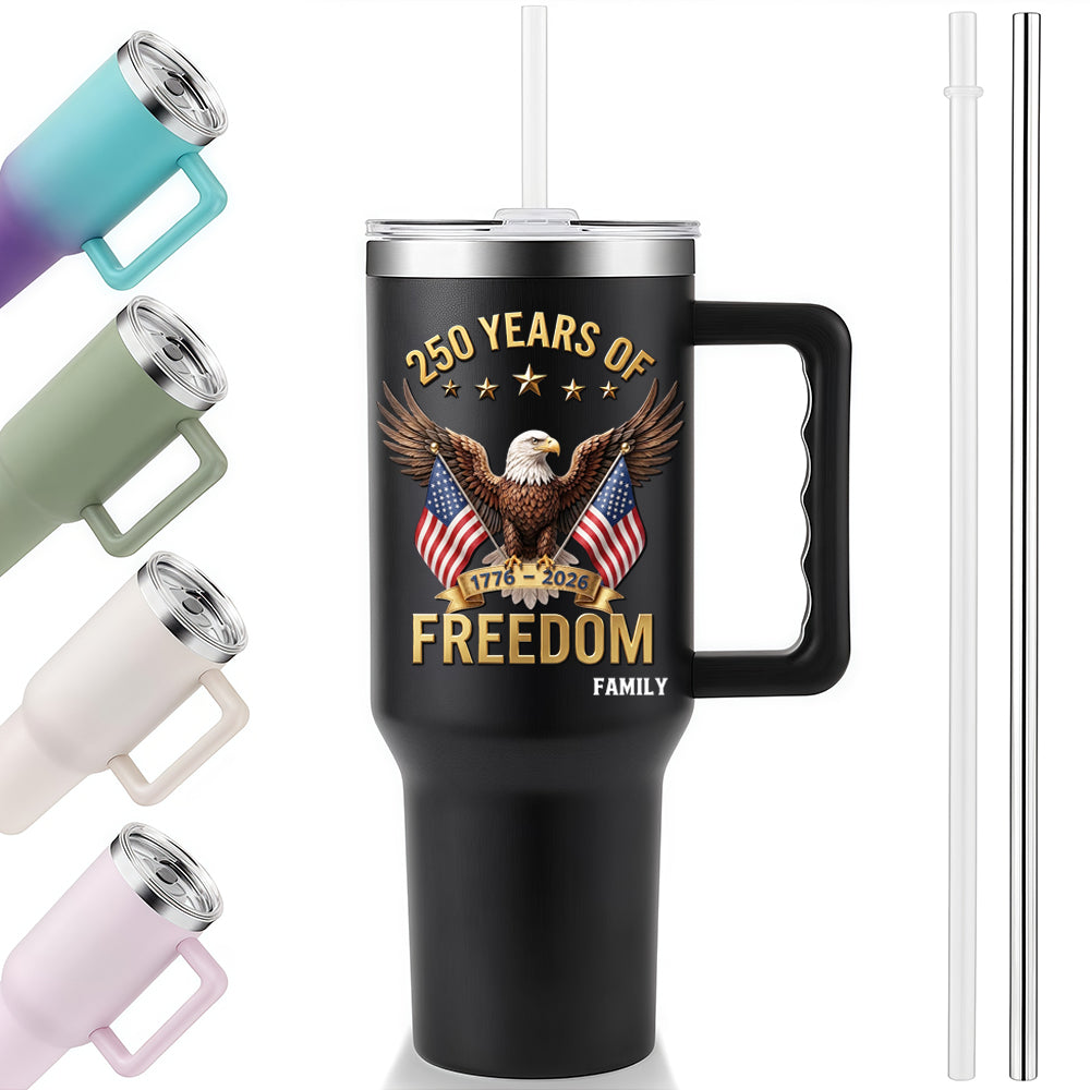 40oz Large Handle Tumbler | 250 Years Of Freedom Bald Eagle Dual American Flag Custom Family Name 1776-2026 Patriotic Stainless Steel Mug