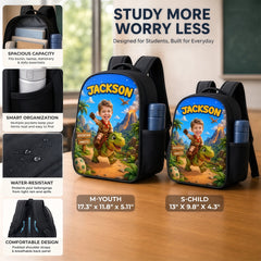 Custom Photo Kids Front Printed Backpack - Personalized Back To School Gifts For Kids - Chasing Dreams And Dinosaurs
