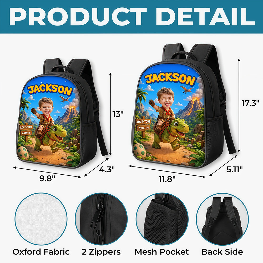 Custom Photo Kids Front Printed Backpack - Personalized Back To School Gifts For Kids - Chasing Dreams And Dinosaurs
