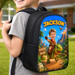 Custom Photo Kids Front Printed Backpack - Personalized Back To School Gifts For Kids - Chasing Dreams And Dinosaurs