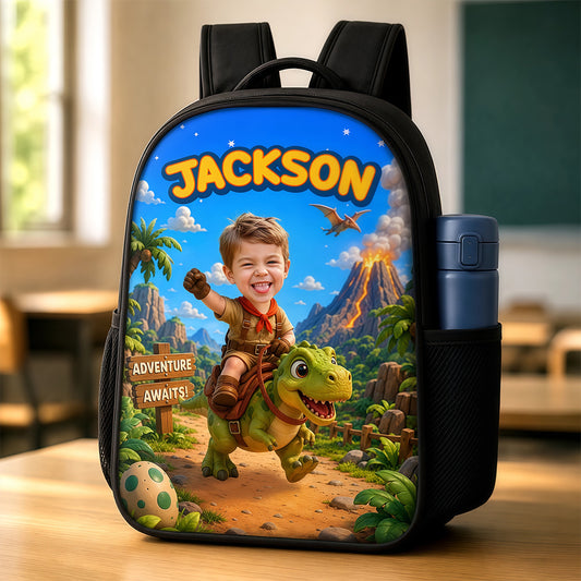 Custom Photo Kids Front Printed Backpack - Personalized Back To School Gifts For Kids - Chasing Dreams And Dinosaurs