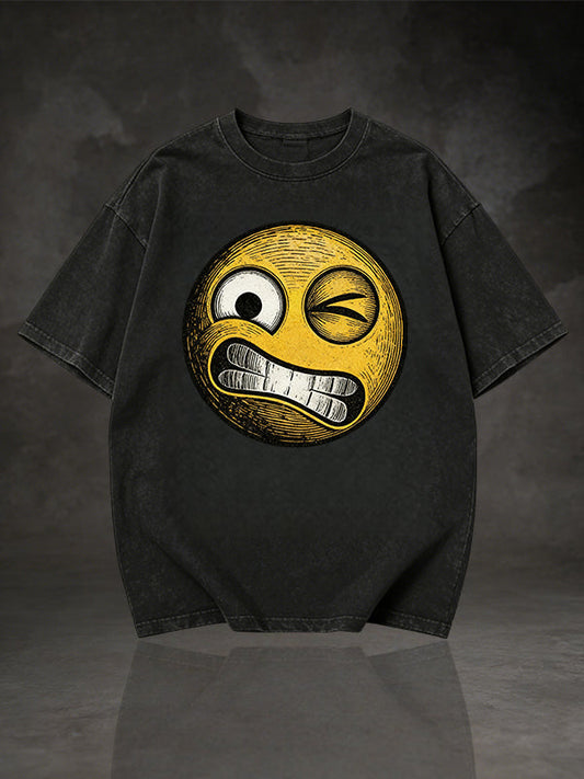 Men's Winking Grinning Emoji Retro Comic Graphic Short Sleeve T-Shirt