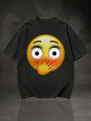 Men's Blushing Hand Cover Mouth Emoji Graphic Short Sleeve T-Shirt